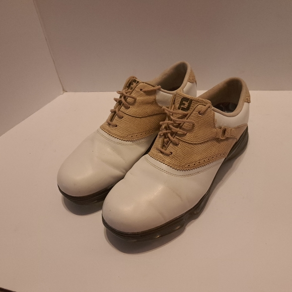 Footjoy Womens DryJoys Golf Shoes White Smooth, Tan Lizard Print Sz 10m #99193 - Picture 1 of 10